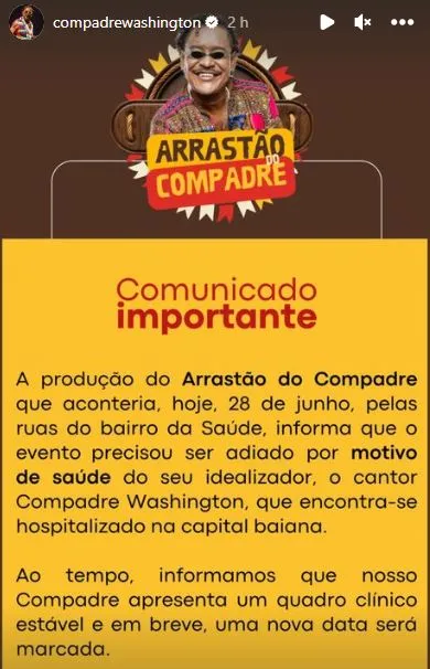 Comunicado divulgado pela assessoria de Compadre Washington