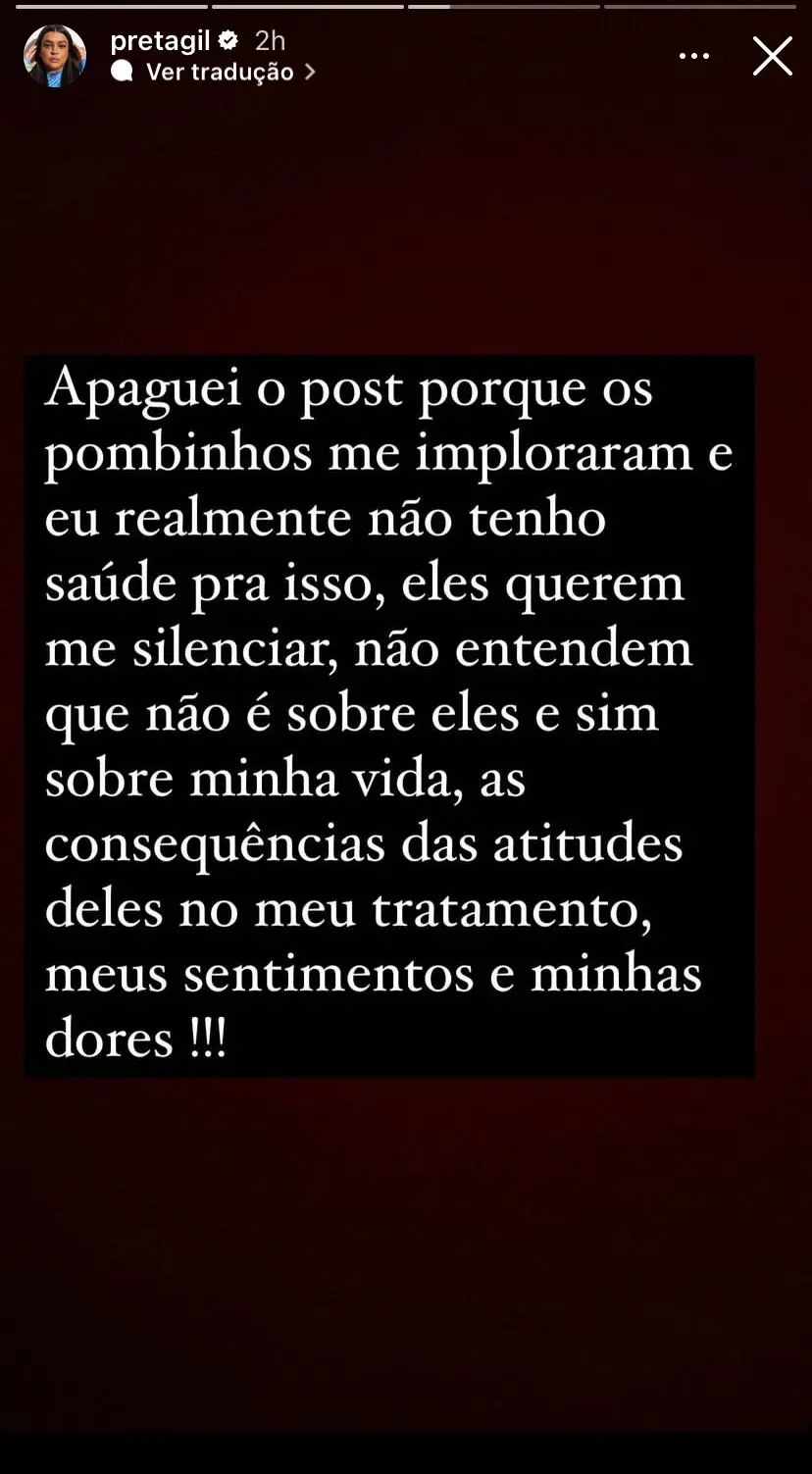 Desabafo de Preta Gil nos 'Stories' do Instagram