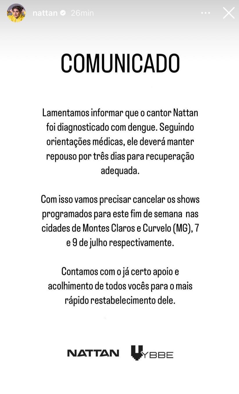 Comunicado feito pelo cantor no Instagram