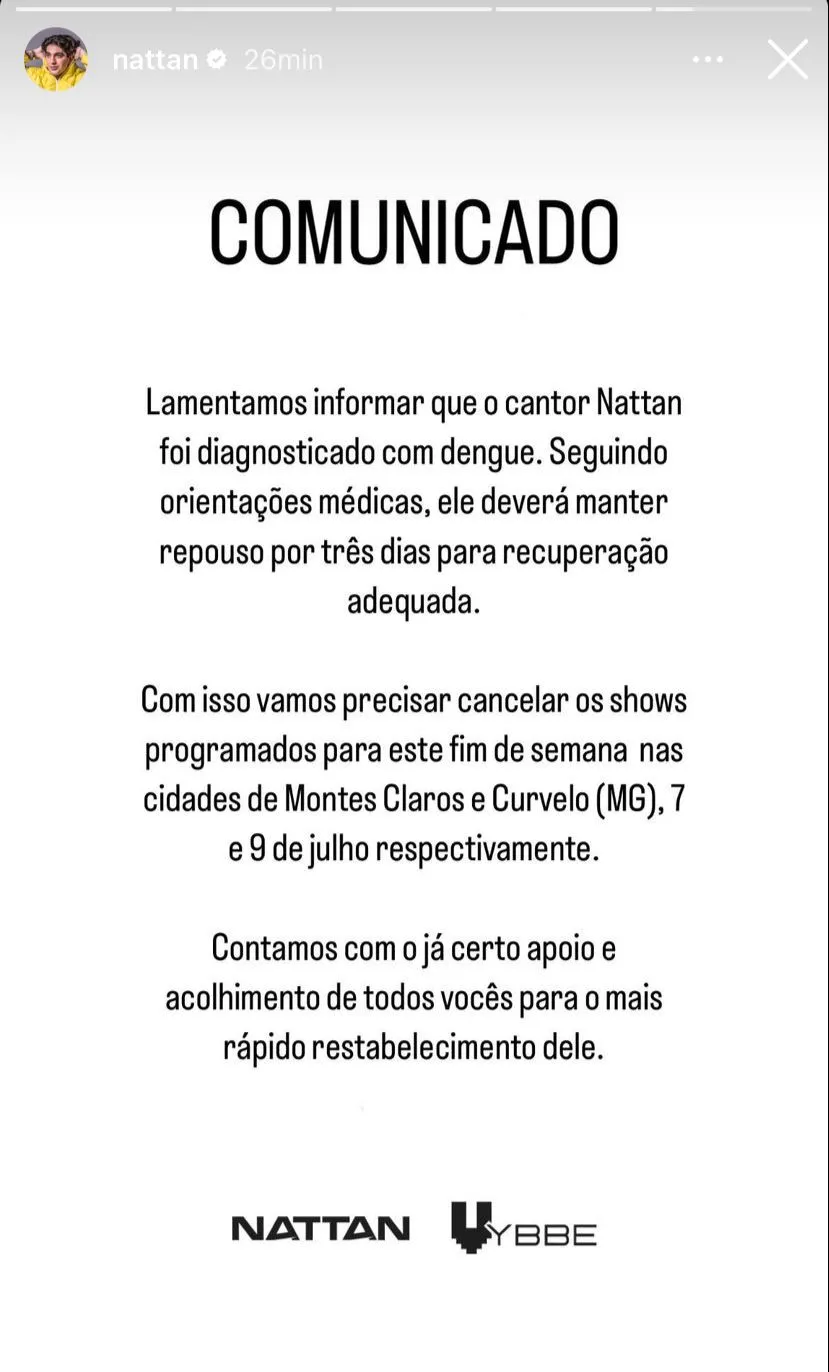 O comunicado foi publicado pela assessoria do cantor no Instagram