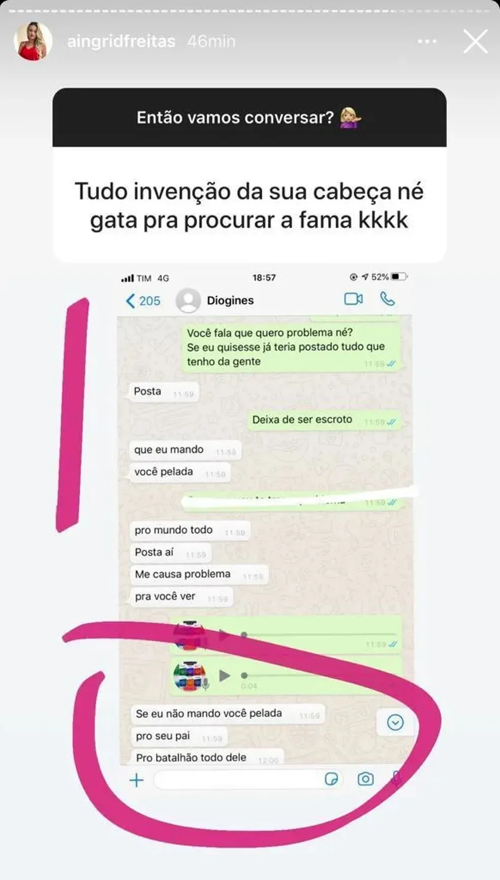 Ingrid Freitas compartilhou um print de mensagem com o cantor