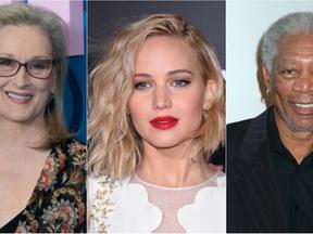 Montagem de fotos mostra Meryl Streep à esquerda, Jennifer Lawrence ao centro e Morgan Freeman à direita