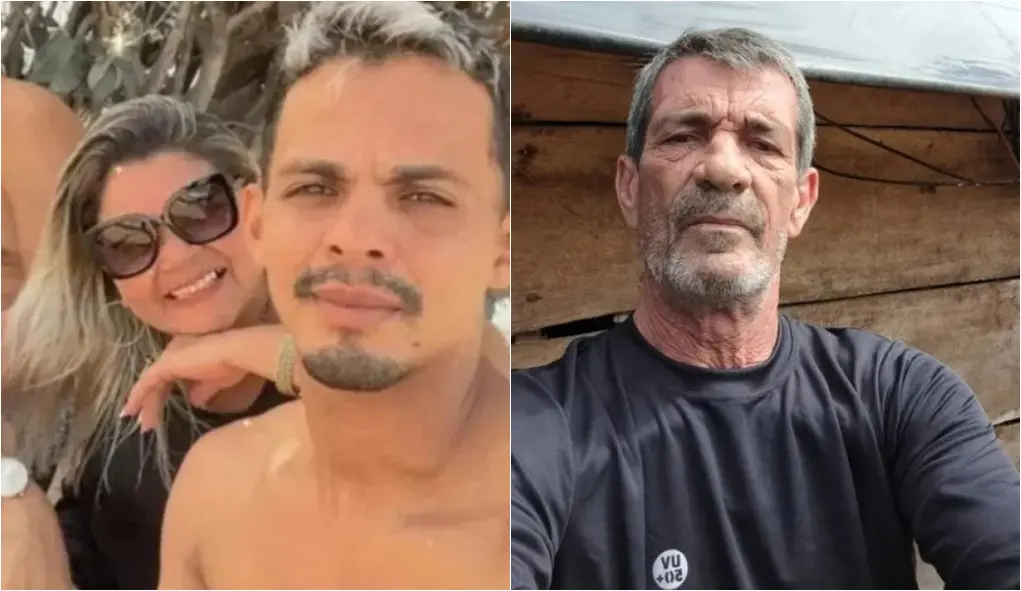 Montagem de fotos mostra o casal à esquerda e o piloto do helicóptero à direita