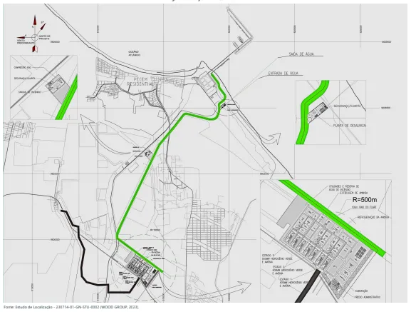 Contorno (em verde) mostra a localização de partes da planta de H2V da Fortescue