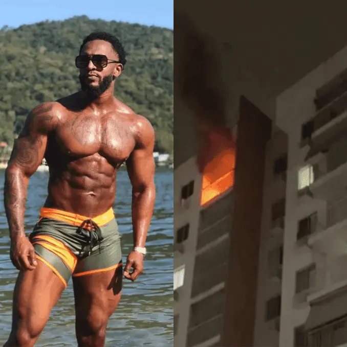 Foto que contém Fiisiculturista e apartamento em chamas