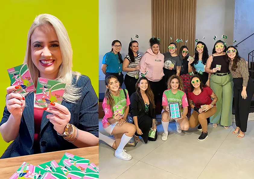 Colagem com a jornalista Denise Santiago segurando a cartilha especial e, ao lado, ação com várias pessoas em uma agência de Fortaleza. Pessoas estão em pé e agachadas utilizando adereços da copa.
