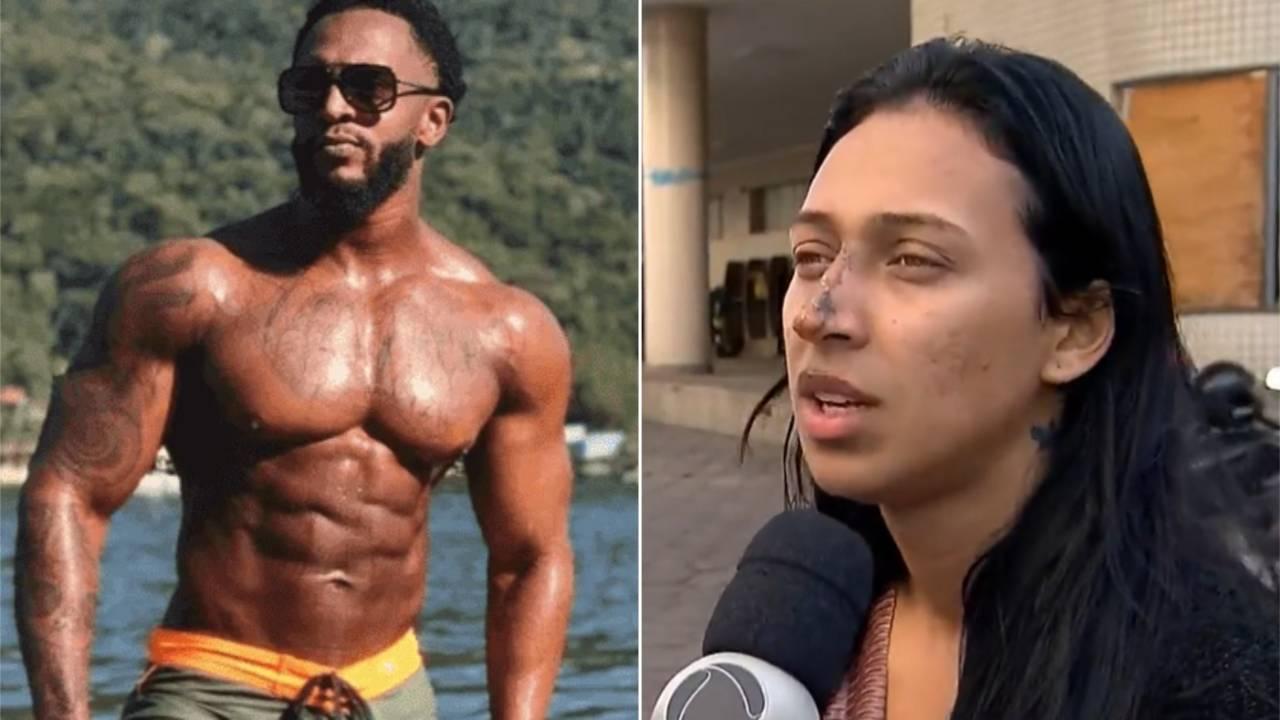 Montagem mostra imagens de fisiculturista Hugo Sérgio, morto e incêndio no Rio de Janeiro no dia 29 de julho de 2023, e foto da esposa dele durante entrevista ao Balanço Geral, da RecordTV, Larissa Mello Viana Silveira, de 27 anos