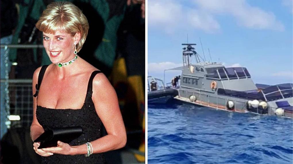 Montagem mostra imagem da princesa Diana ao lado de foto do iate Cojo após naufrágio, registrado em 299 de julho de 2023