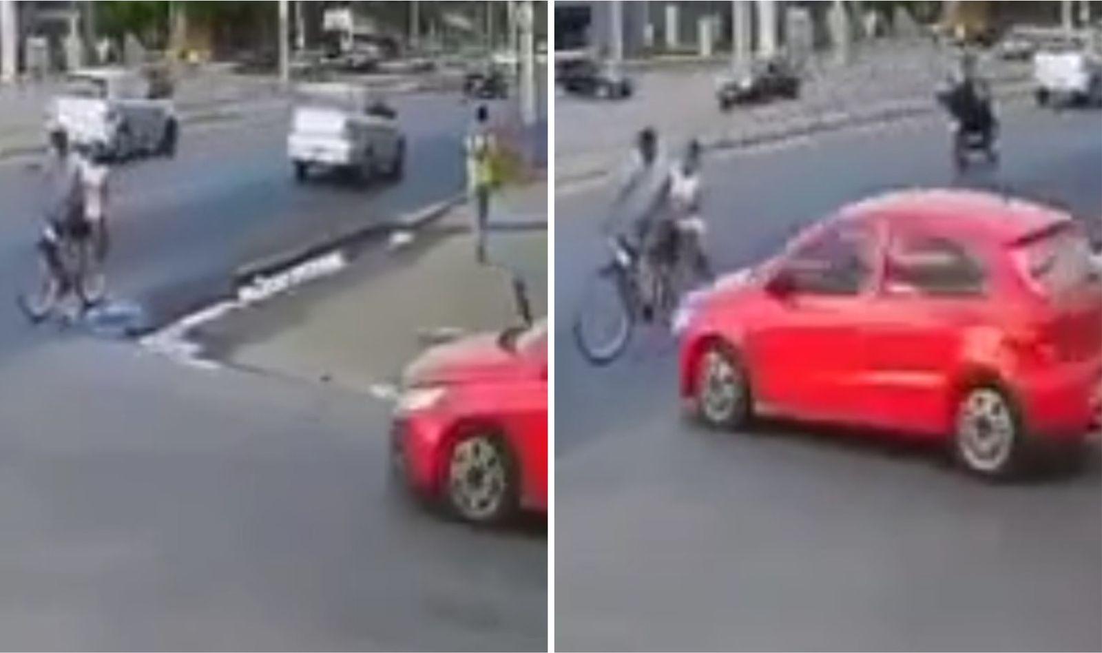 Montagem de fotos mostra carro atropelando ciclistas