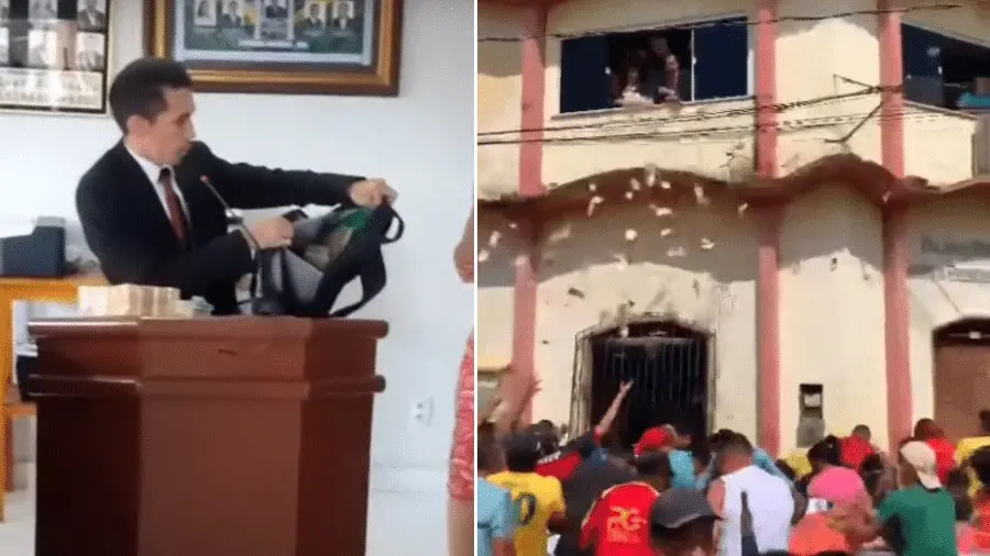 Montagem de foto de vereador discursando na câmara e dele jogando dinheiro para a população