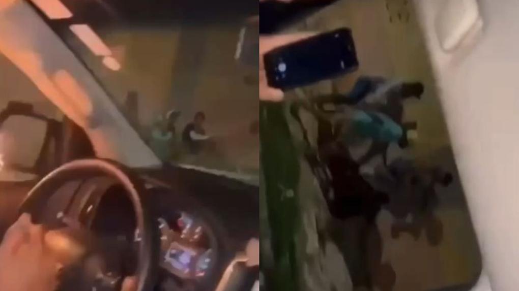 frames de vídeo onde policiais militares de fortaleza aparecem jogando bomba em homens na rua