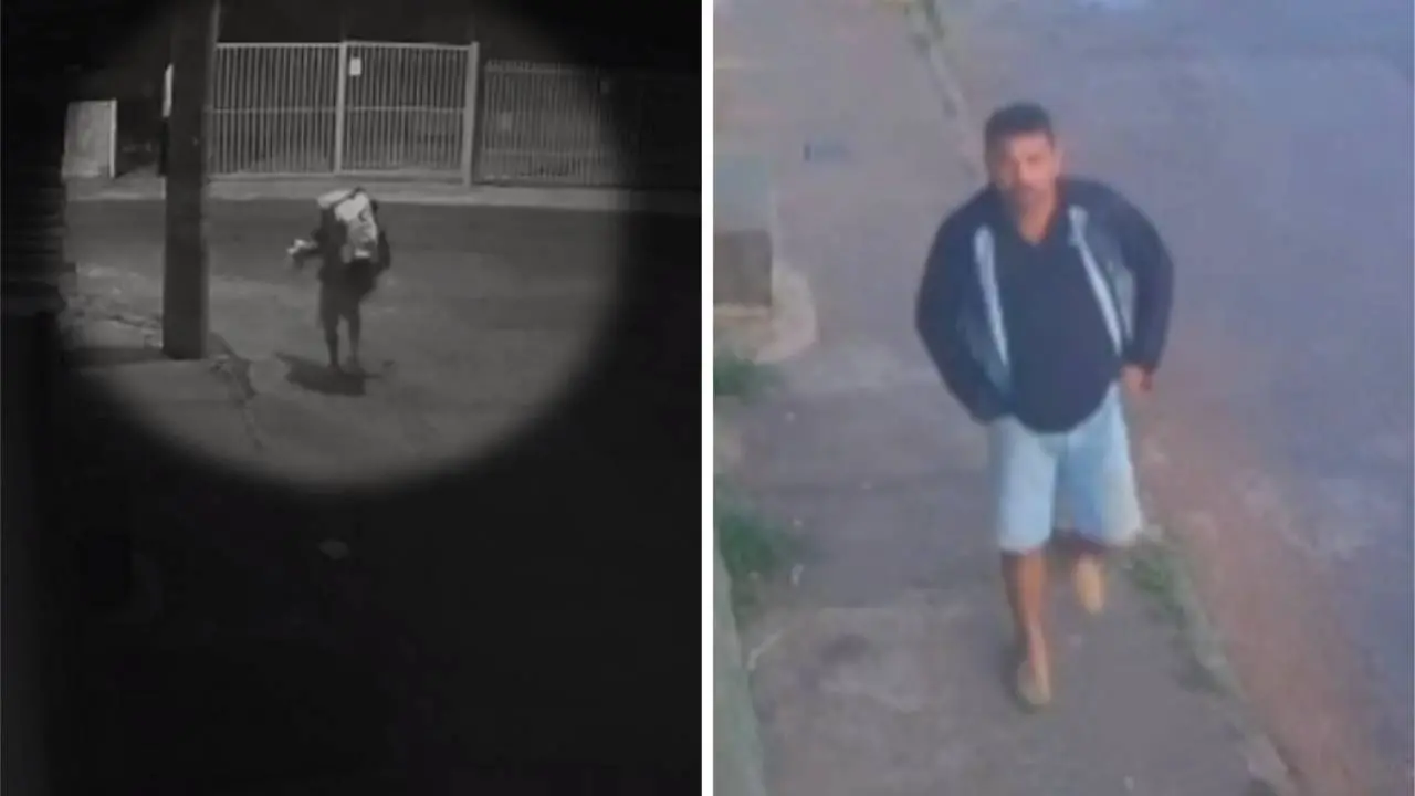 Montagem traz imagens de Wemberson Carvalho da Silva, suspeito preso em flagrante por estuprar jovem deixada desacordada em rua de Belo Horizonte, Minas Gerais, por motorista de aplicativo no dia 30 de julho de 2023. Na captura à esquerda, o homem aparece carregando a vítima sobre o ombro, e na direita, ela deixando o local do crimes cerca de três horas depois