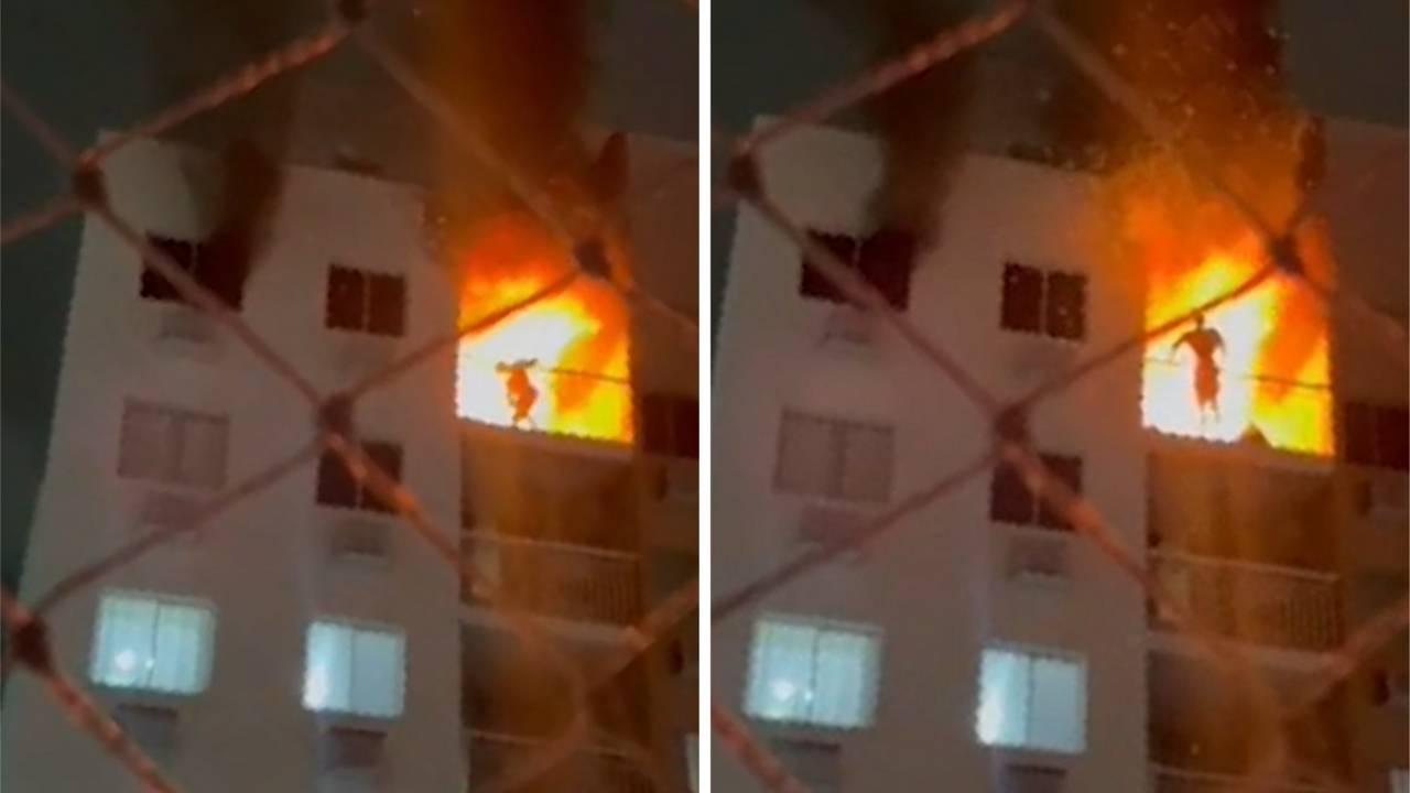 Montagem mostra fisiculturista Hugo Sérgio Andrade do Nascimento gritando por socorro e tentando pular da varanda do seu apartamento em chamas no Anil, Zona Oeste do Rio de Janeiro, durante a madrugada de 29 de julho. Homem morreu na ocasião.