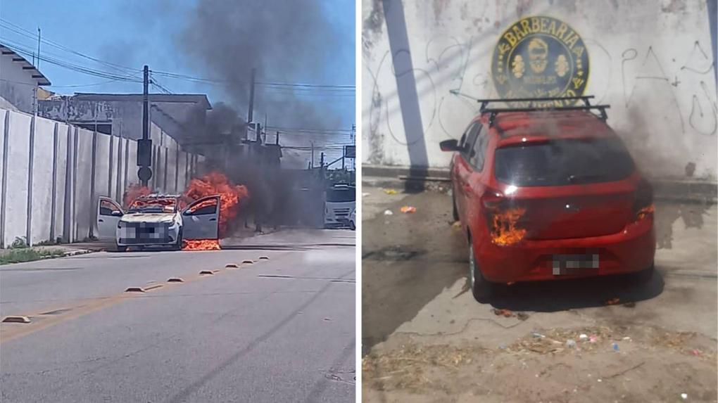 Carros em chamas durante ataques criminosos registrados no Grande Pirambu, e Fortaleza, no dia 10 de agosto de 2023