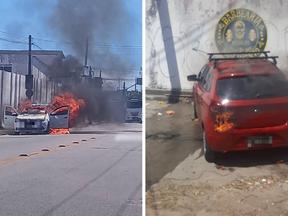 Carros em chamas durante ataques criminosos registrados no Grande Pirambu, e Fortaleza, no dia 10 de agosto de 2023