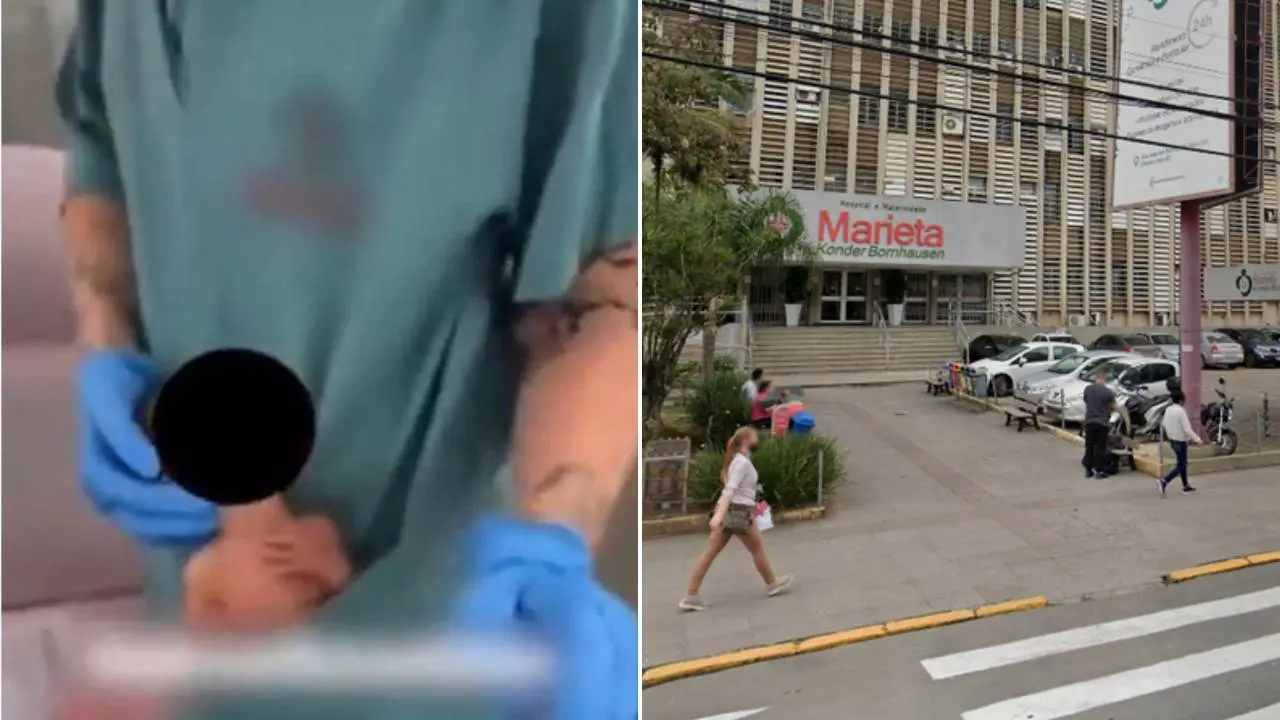 Montagem mostra print de vídeo em que fisioterapeuta aparece dançando com recém-nascido em bolso do jaleco (à esquerda). Na direita, há imagem da fachada da unidade de saúde onde foi gravado o caso: o Hospital e Maternidade Marieta Konder Bornhausen, localizado em Itajaí, Santa Catariana.