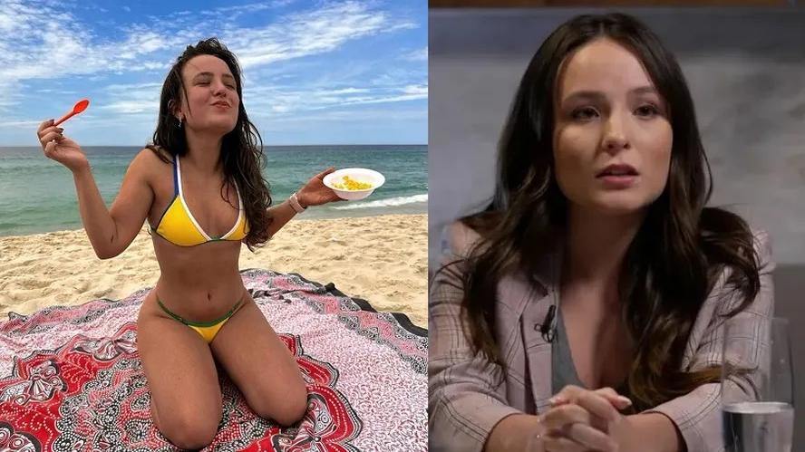 Montagem de fotos de Larissa Manoela na praia comendo milho e dando entrevista no Fantástico