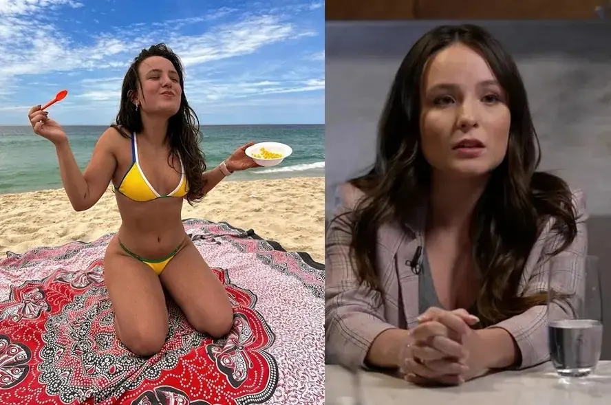 Montagem de fotos de Larissa Manoela na praia comendo milho e dando entrevista no Fantástico