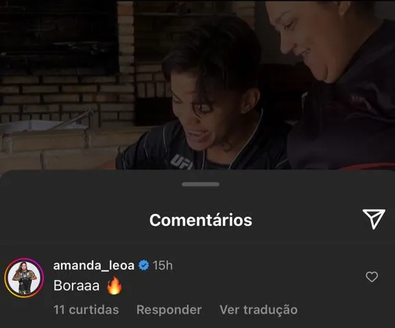 Amanda Nunes comenta na postagem de Iasmin Lucindo no Instagram.
