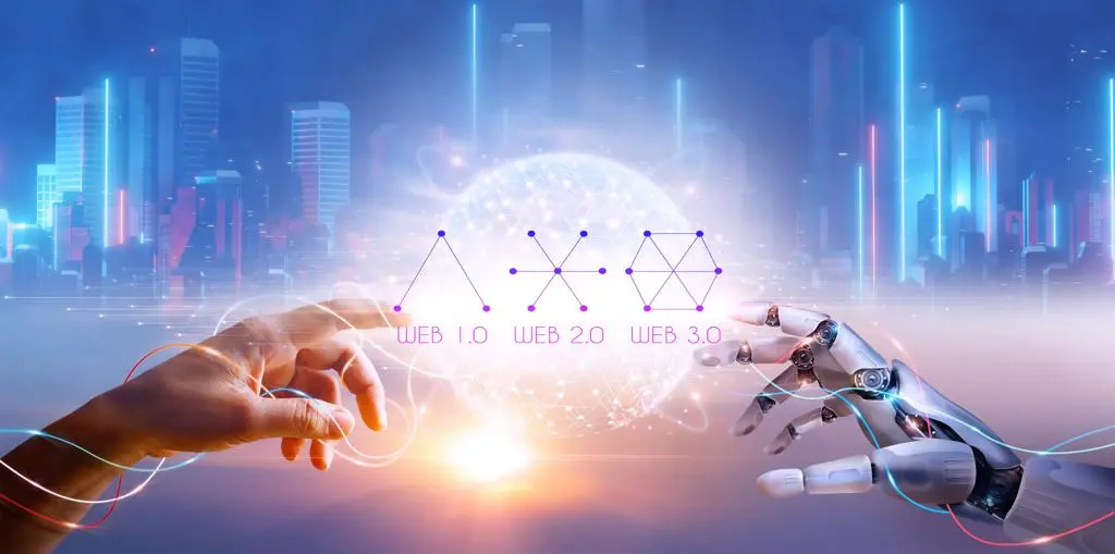 imagem conceitual com 2 mãos, uma humana, à esquerda e uma robótica, à direita. Estão separadas por um circulo que contém os conceitos de 