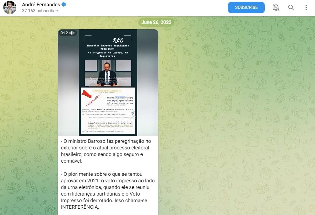 A mensagem repassada por Bolsonaro e compartilhada por André Fernandes no ano passado. Neste ano, a PF classificou o conteúdo como 
