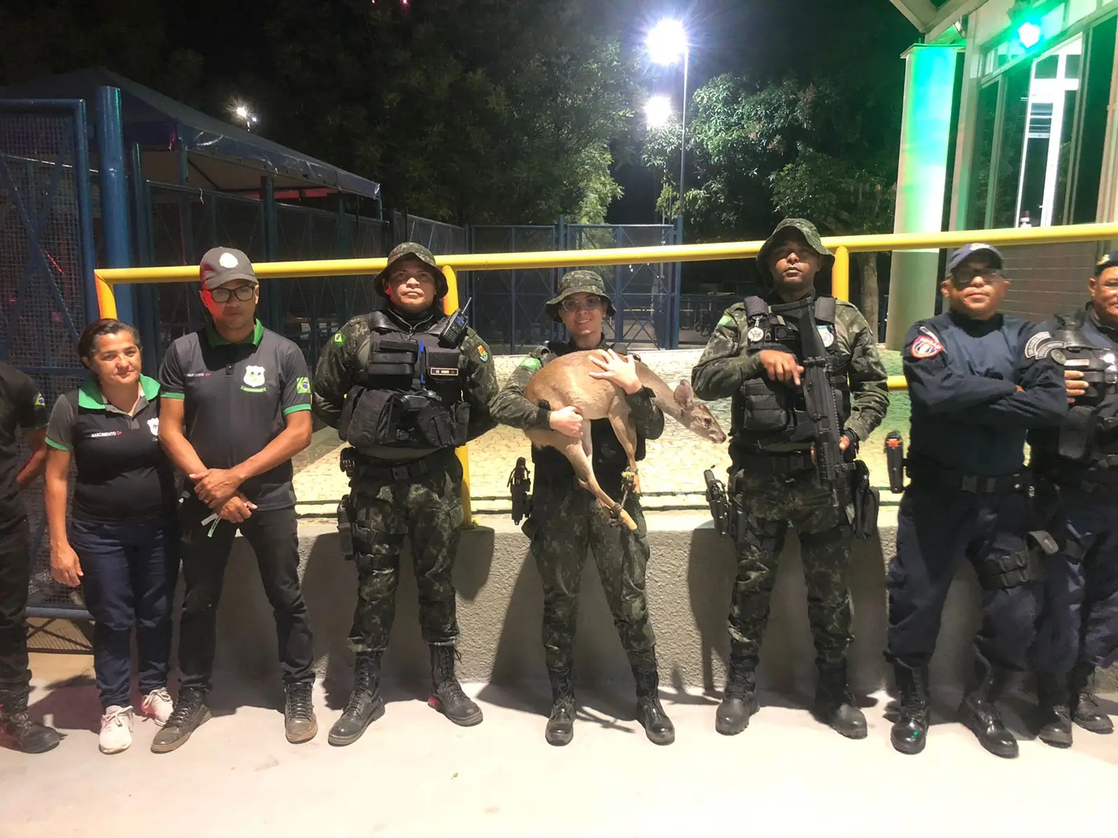 Policiais ambientais posam com veado resgatado