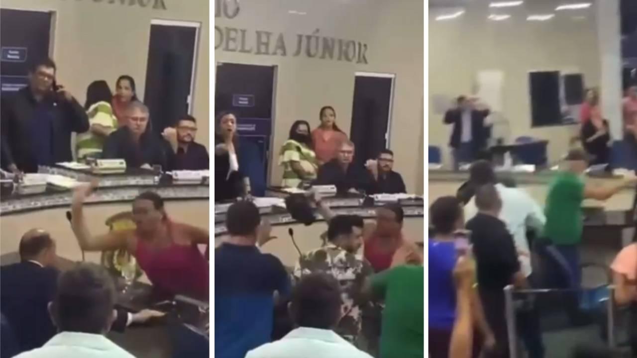 Montagem mostra sequência de imagens onde o vereador Neto Girão (PP) é agredido por populares, na noite dessa quinta-feira (31), durante sessão plenária da Câmara Municipal de Maranguape, na Região Metropolitana de Fortaleza (RMF)