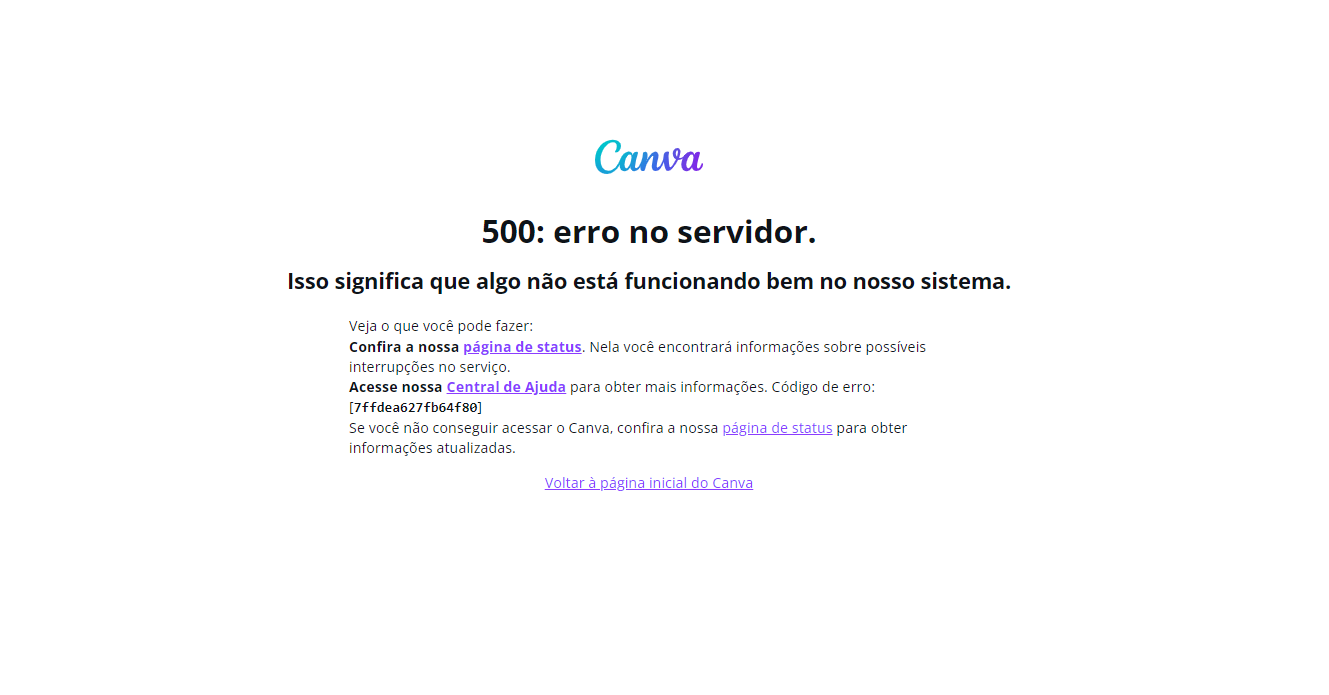 Mensagem de erro que aparece na página inicial do Canva