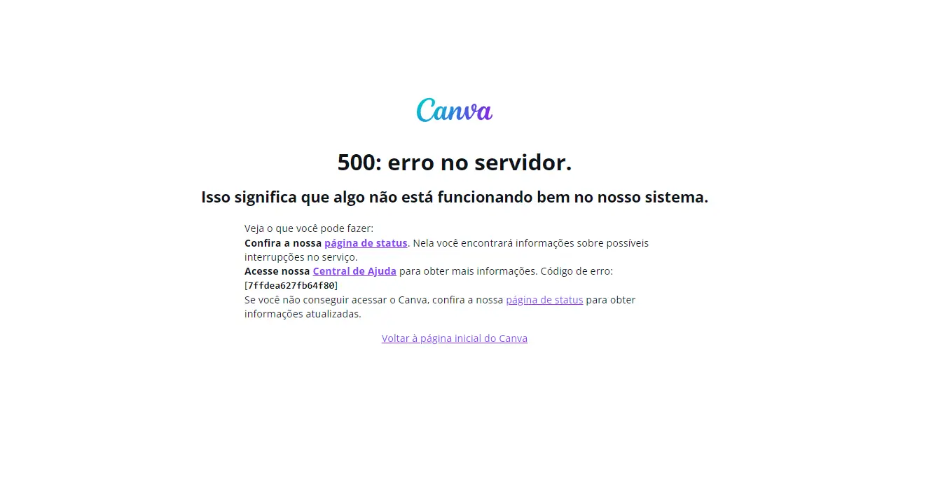 Mensagem de erro que aparece na página inicial do Canva