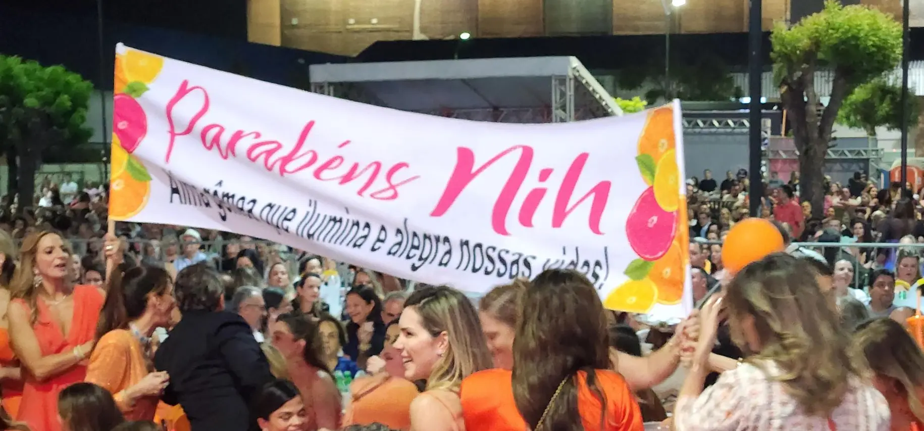 Faixa erguida por amigas de aniversariente