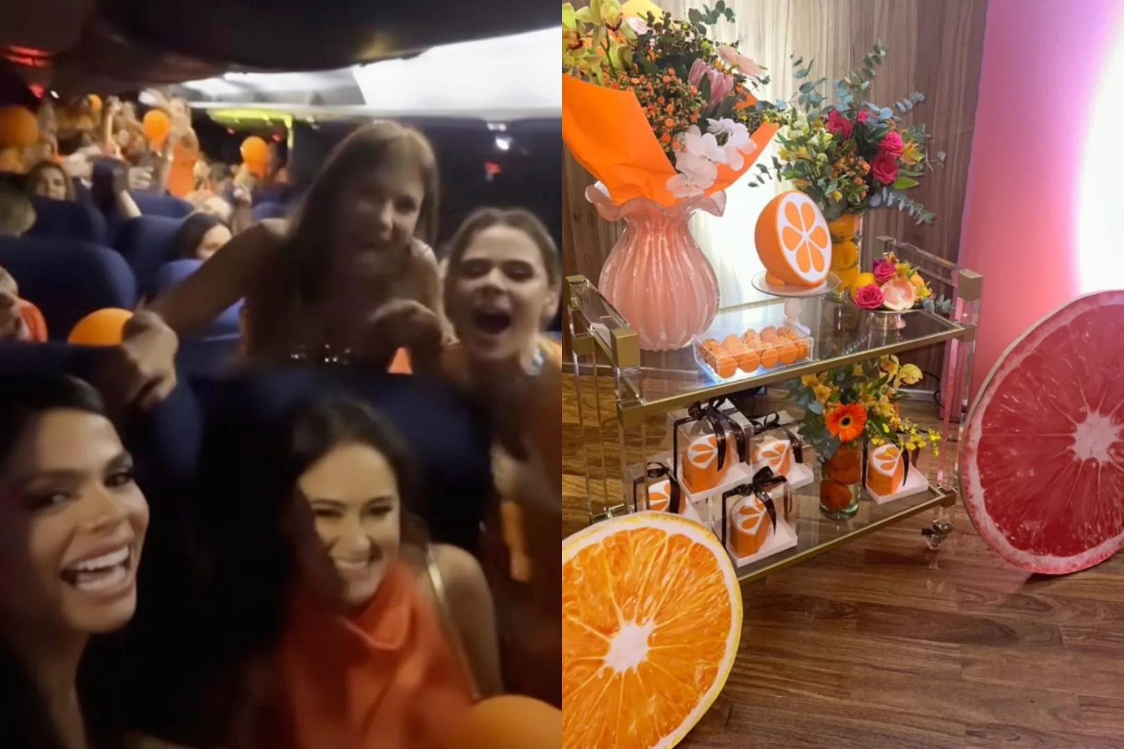 Festa teve ainda ônibus privado e decoração com bolo em formato de laranja