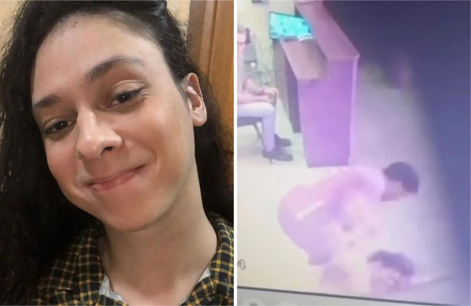 Montagem de fotos mostra à esquerda o ator Victor Meyniel e à direita ele sendo agredido em imagem registrada por câmera de segurança