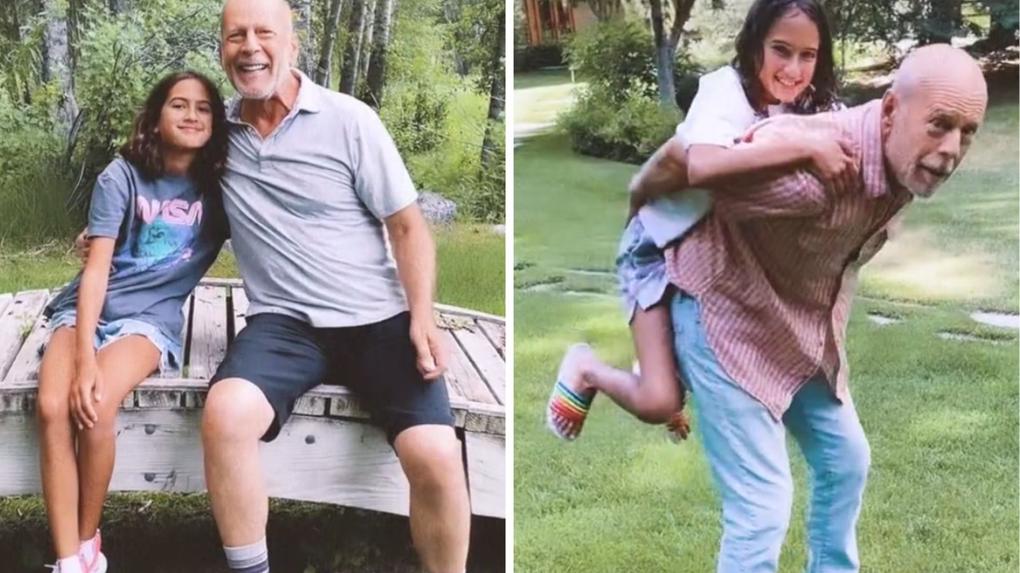 Montagem de fotos mostra momentos de descontração em um parque entre Evelyn e o pai Bruce