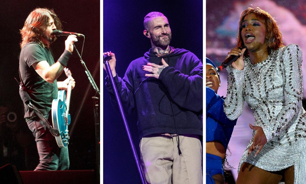 Montagem de fotos de Dave Grohl, Adam Levine e Iza