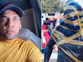 Montagem com selfie de Daniel Alves ao lado de imagem da estátua em homenagem a ele após ser vandalizada