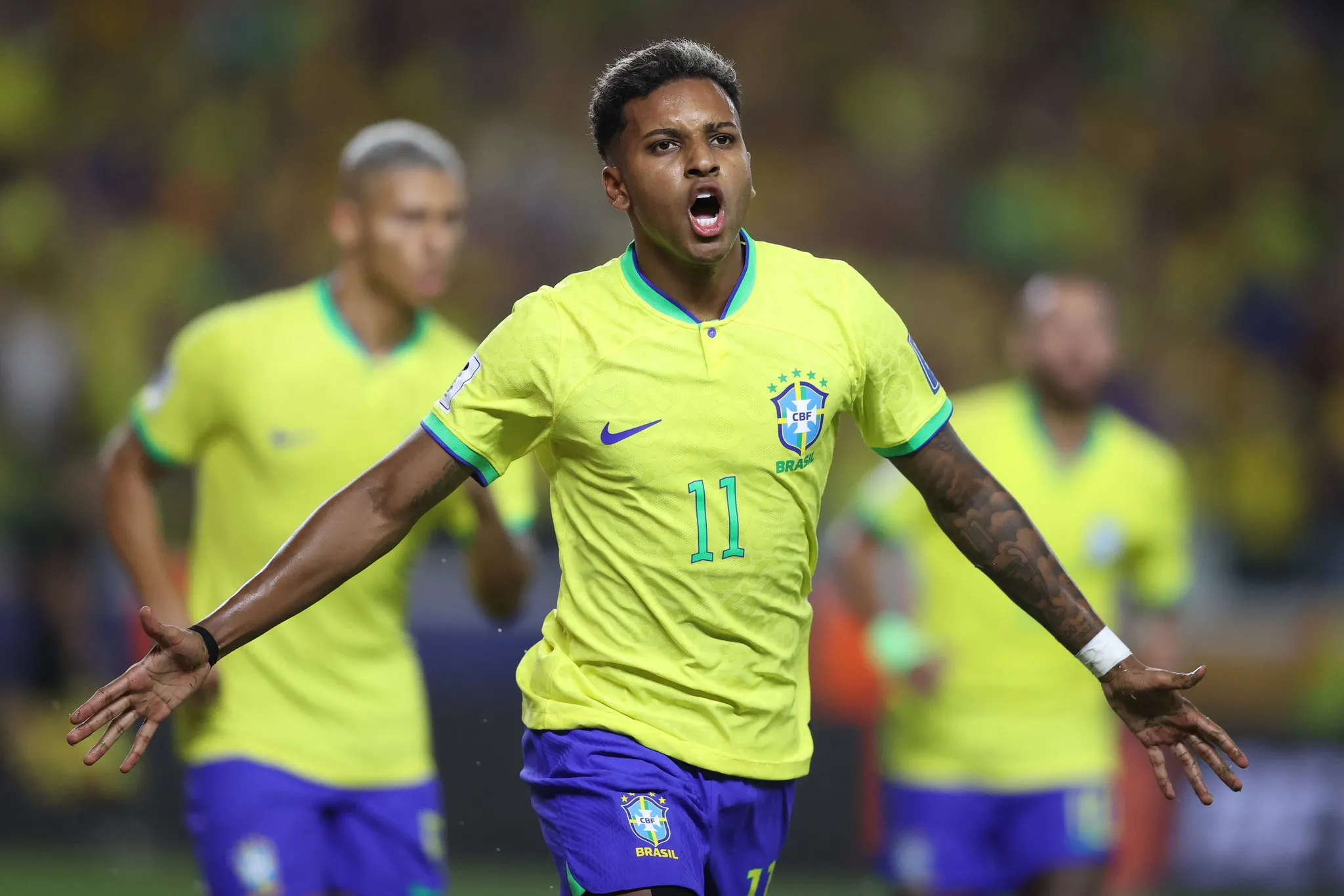 Rodrygo durante jogo da Seleção Brasileira