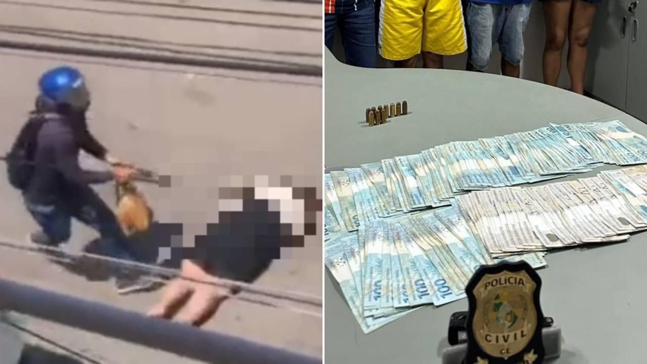 Montagem mostra print de vídeo que flagrou assalto à diretora em Fortaleza, realizado em 6 de setembro, ao lado de imagem de suspeitos capturado em 12 de setembro pela Polícia Civil devido envolvimento no crime