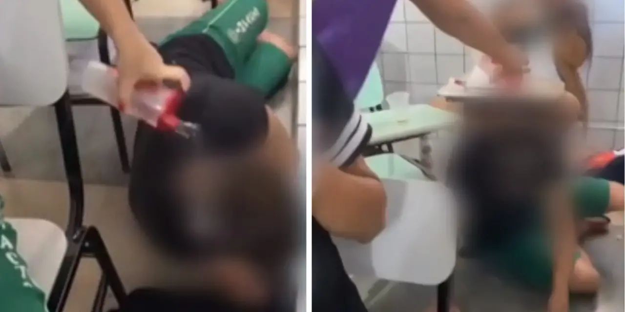 professora joga água em aluno