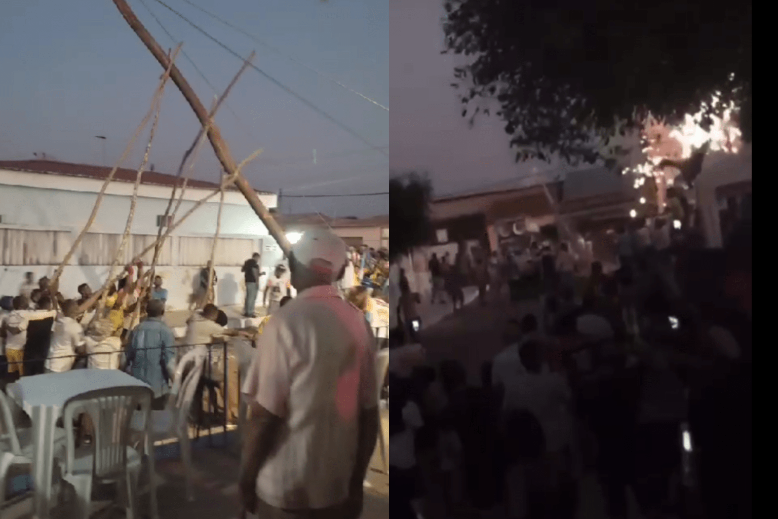 Pau da Bandeira sendo erguido por populares. Em um segundo frame, o tronco cai em cima da fiação