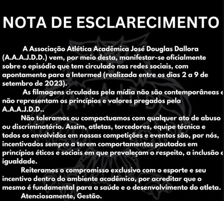 Nota veiculada no perfil da atlética de medicina da Unisa