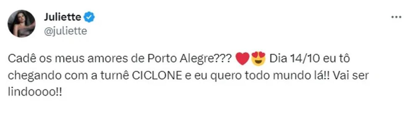 publicação de Juliette sobre turnê Ciclone no Rio Grande do Sul causa polêmica