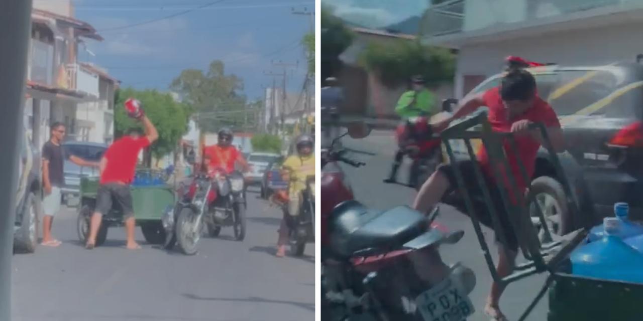 Montagem de fotos de homem quebrando moto em rua de Itapipoca