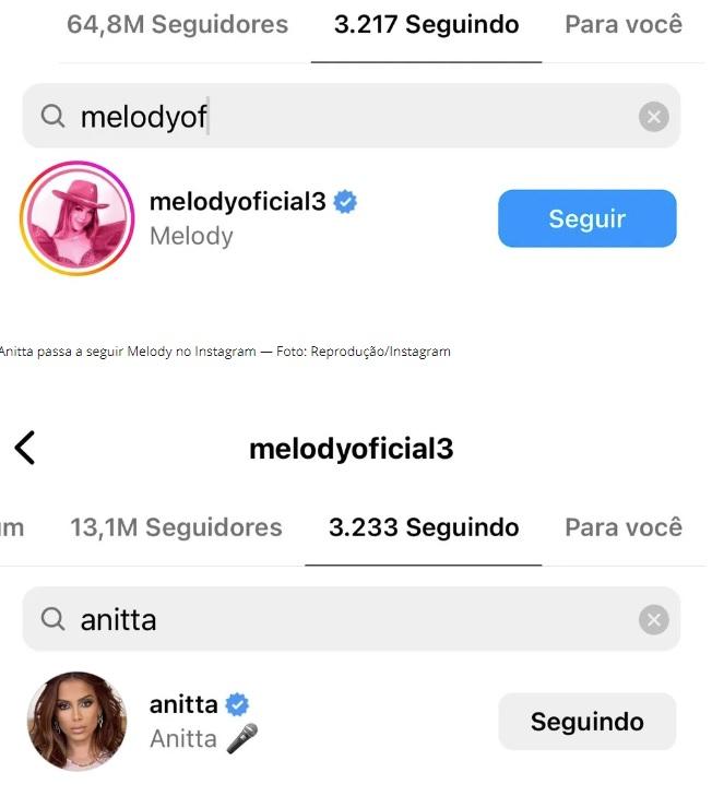 Prints de follow de Anitta e Melody no Instagram