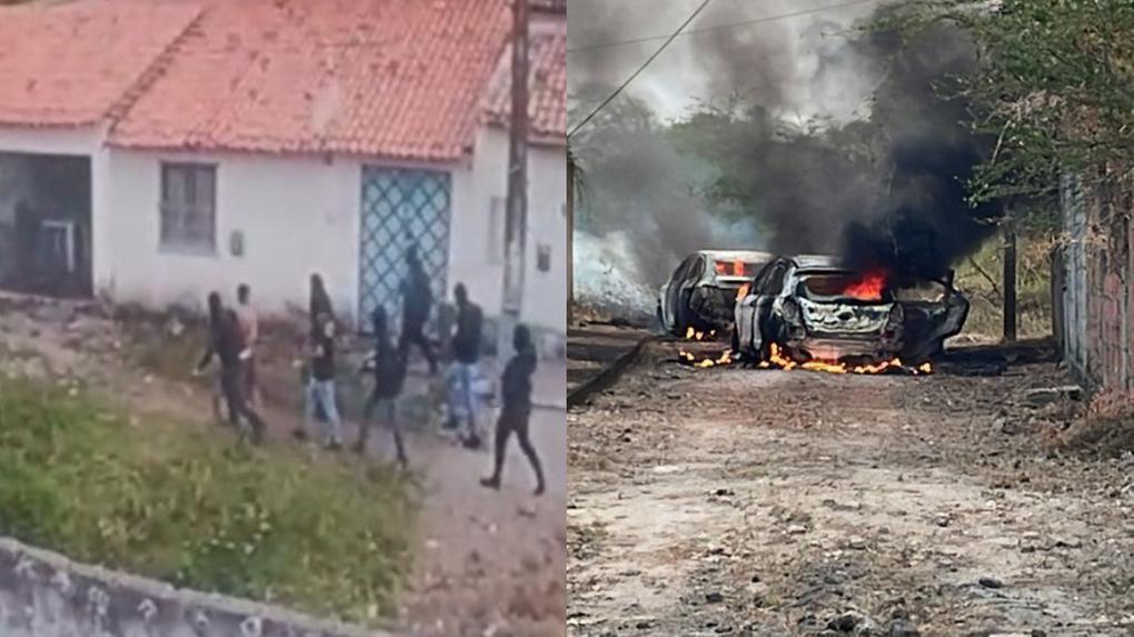 Fotos de homem sendo arrastado por grupo encapuzado que o matou e depois tocou fogo em veículos e fugiu no bairro Bom Jardim, em Fortaleza
