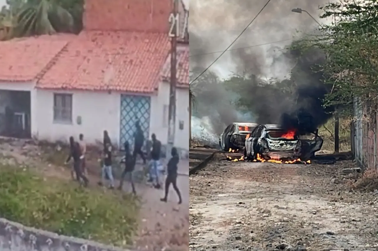 Fotos de homem sendo arrastado por grupo encapuzado que o matou e depois tocou fogo em veículos e fugiu no bairro Bom Jardim, em Fortaleza