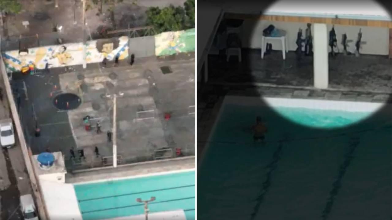 Montagem mostra de criminosos recebendo treinamento de guerrilha e combate no Complexo da Maré, Rio de Janeiro, ao de lado de imagem de fuzis enfileirados em parede. Imagens foram exibidas no Fantástico de 24 de setembro de 2023