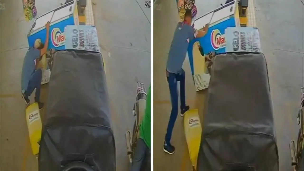 Imagem mostra montagem de print de imagens capturadas por câmeras de segurança que flagraram o momento em que um freezer é arrastado por vento intenso em posto de combustível no Interior do Ceará, no dia 22 de setembro de 2023