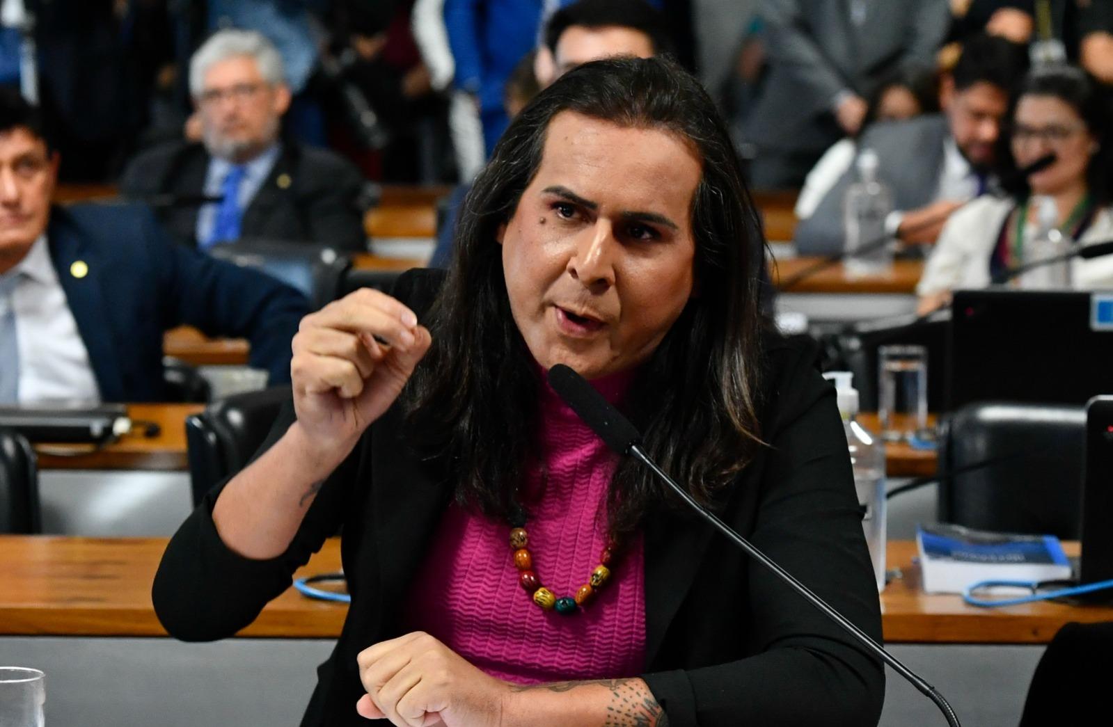 Deputada Duda Salabert usa terno preto e vestido rosa e gesticula enquanto fala em CPMI