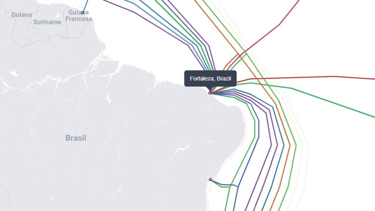 Mapa dos cabos submarinos em Fortaleza listados pelo Submarine Cable Map, em 27 de setembro de 2023