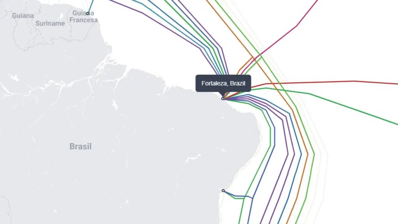 Mapa dos cabos submarinos em Fortaleza listados pelo Submarine Cable Map, em 27 de setembro de 2023